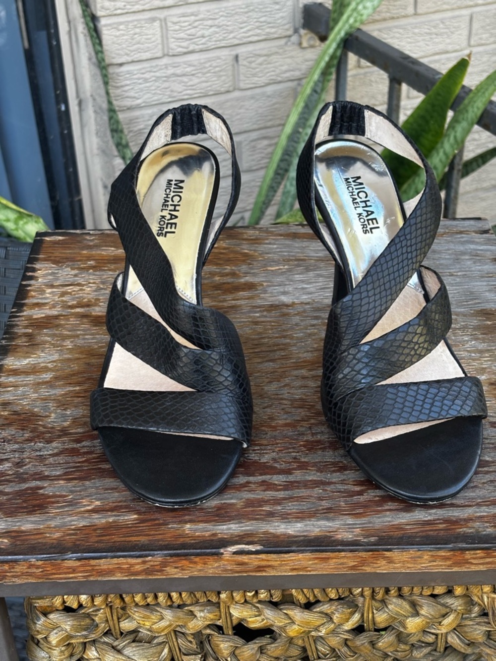 Michael Kors Snake Embossed Strappy Slingback Heels Open Toe Stiletto Size 8.5